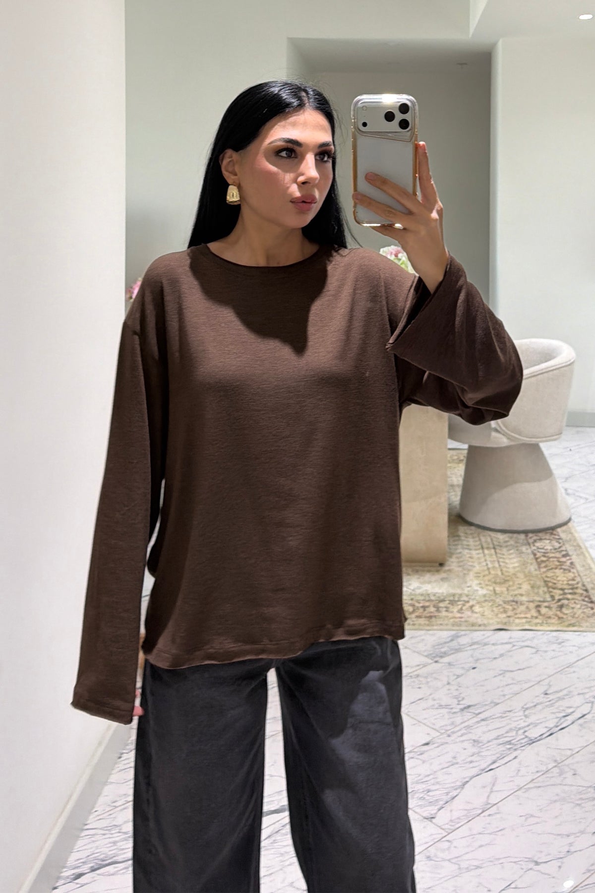 Kahve Bisiklet Yaka Oversize Basic Bluz SY-3899-Kahverengi