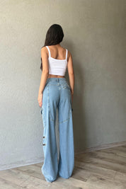Mavi Kargo Cepli Fermuar Detaylı Wide Leg Jean SY-1829-Mavi