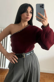 Bordo Tek Omuz Boncuk Detay Triko Kazak SY-2815-Bordo