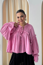 Pembe Bağlama Detaylı Bol Kol Bluz SY-3042-Pembe