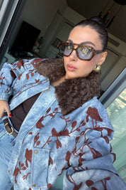 Çiçek İşlemeli Kürk Yakalı Denim Bomber Ceket Mavi SY-3851-Mavi