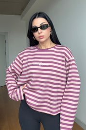 Mürdüm-Pudra Çizgili Basic Sweatshirt SY-3902-Mürdüm