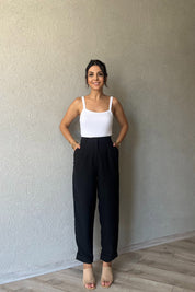 Siyah Çizgili Paçası Katlı Pantolon SY-1621-Siyah