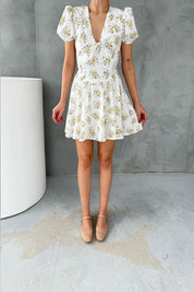 Balon Kol Sarı Çiçekli Mini Elbise SY-3055-Ekru