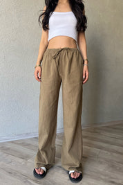 Haki Yama Cep Detaylı Bol Paça Keten Pantolon SY-2041-Haki