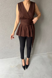 Kahve Sıfır Kol Poplin Bağlama Detaylı Marka Bluz SY-2981-Kahve