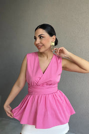 Pembe Sıfır Kol Poplin Bağlama Detaylı Marka Bluz SY-2981-Pembe