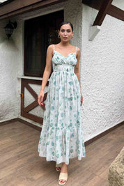 Yeşil Drape Detaylı Askılı Şifon Elbise SY-2040-Yeşil