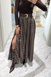 Ekose Desenli Yırtmaç Detaylı Kahveli Çizgili Kloş Etek SY-3494-Sütlü Kahve