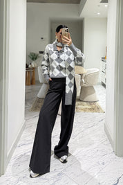 Kendinden Şallı Baklava Desenli Polo Yaka Triko SY-3563-Gri