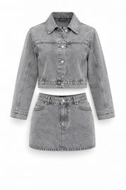 Gri İnci Detaylı Denim Etek Ceket Takım SY-1976-Gri