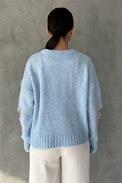 Bebe Mavisi Kolu Kalpli Taş Detay Triko Kazak SY-2747-Bebe Mavisi