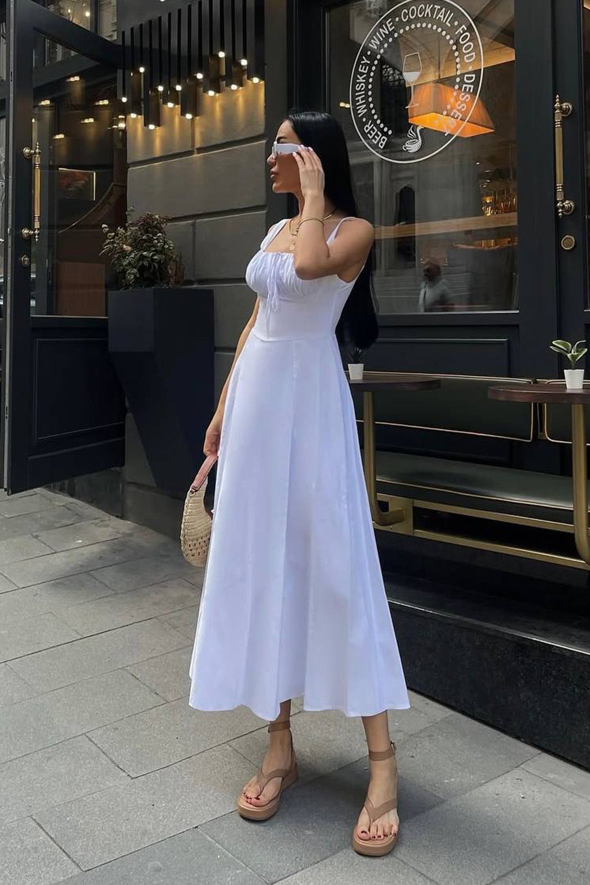 Kadın Beyaz Korse Görünümlü Poplin Midi Elbise SY-3157-Beyaz