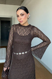 Kahverengi Dantel Detaylı Maxi Kemerli Elbise SY-3521-Kahverengi