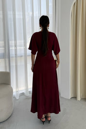 Bordo Düğümlü Kısa Kol Detaylı Desenli Elbise SY-3335-Bordo