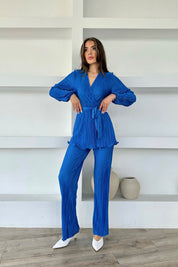 Saks Mavisi Piliseli Kuşaklı Bluz ve Pantolon Takım SY-0411-Saks Mavisi