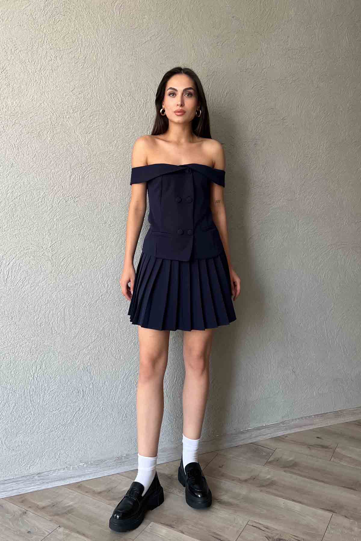 Lacivert Madonna Yaka Yelek  Etek Takım SY-1975- Lacivert