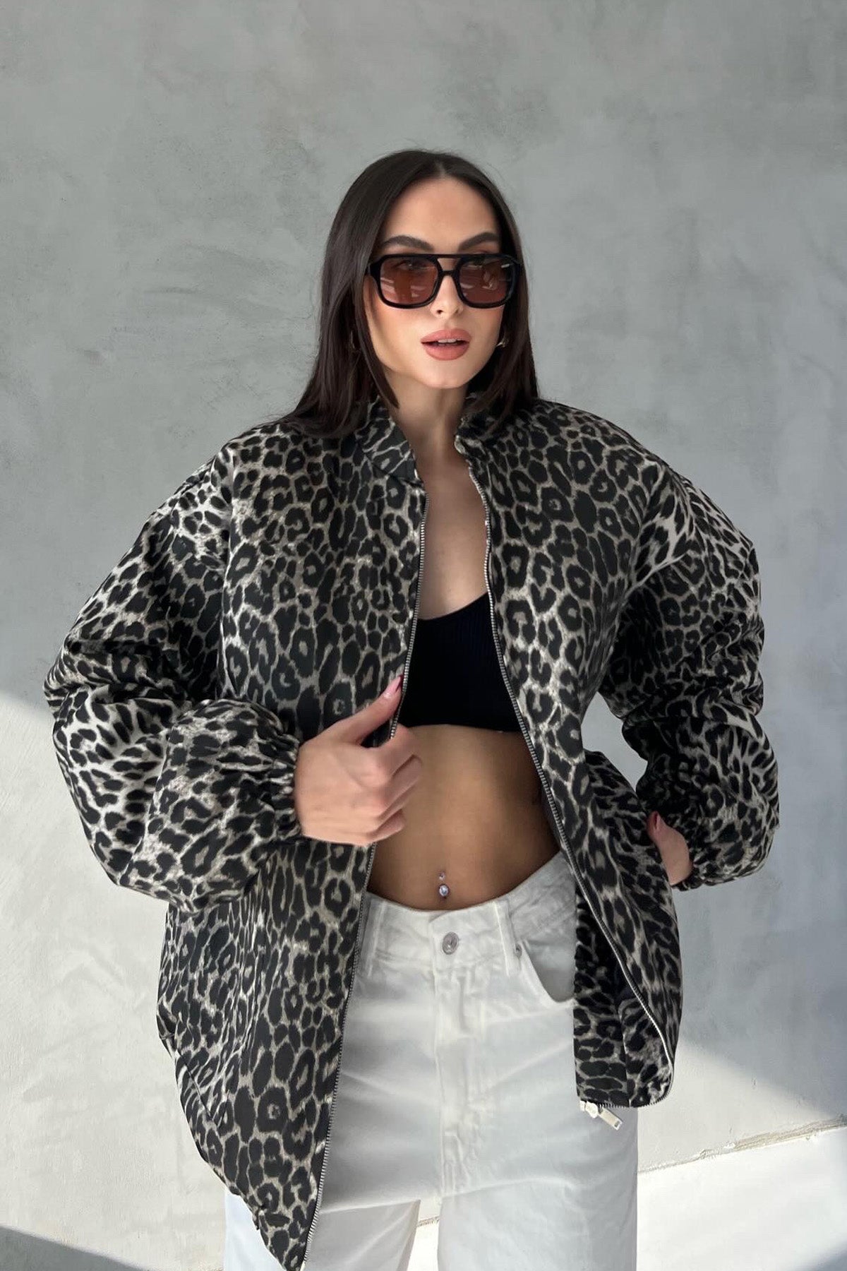 Krem Leopar Desenli Beli Ve Kolu Lastikli Mont SY-2524-Krem
