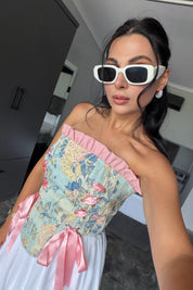 Pembe Çiçek Desenli Kurdelalı Korse Kadın SY-3714-Pembe