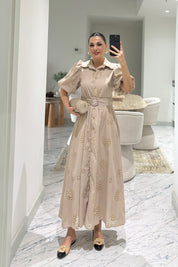 Bej Balon Kol Kemerli Brode Elbise SY-3637-Bej