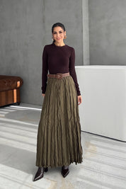 Haki Kırışık Görünümlü Uzun Etek SY-3464-Haki