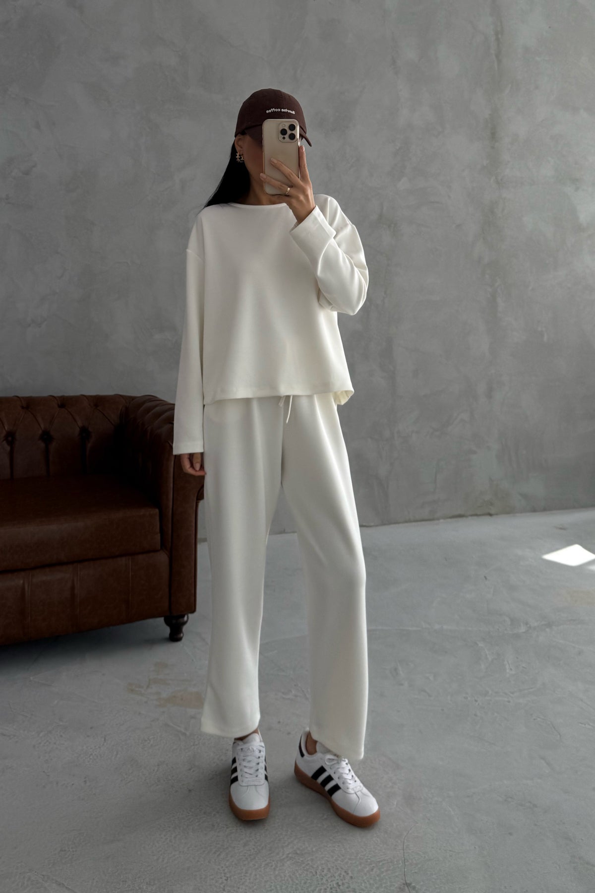 Ekru Uzun Kollu Beli Lastikli Modal Takım SY-3383-Ekru