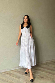 Beyaz Dantel Yaka Puantiyeli Tasarım Elbise SY-0638-Beyaz