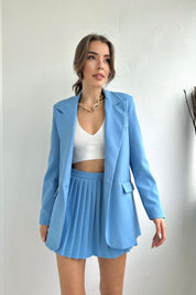 Mavi Oversize Ceket ve Önü Pileli Şort Etek Takım SY-0052-Mavi