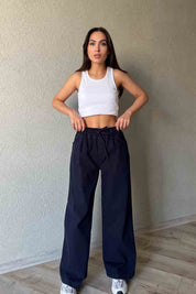 Lacivert Beli Lastik Detaylı Gabardin Bol Paça Pantolon SY-1916-Lacivert