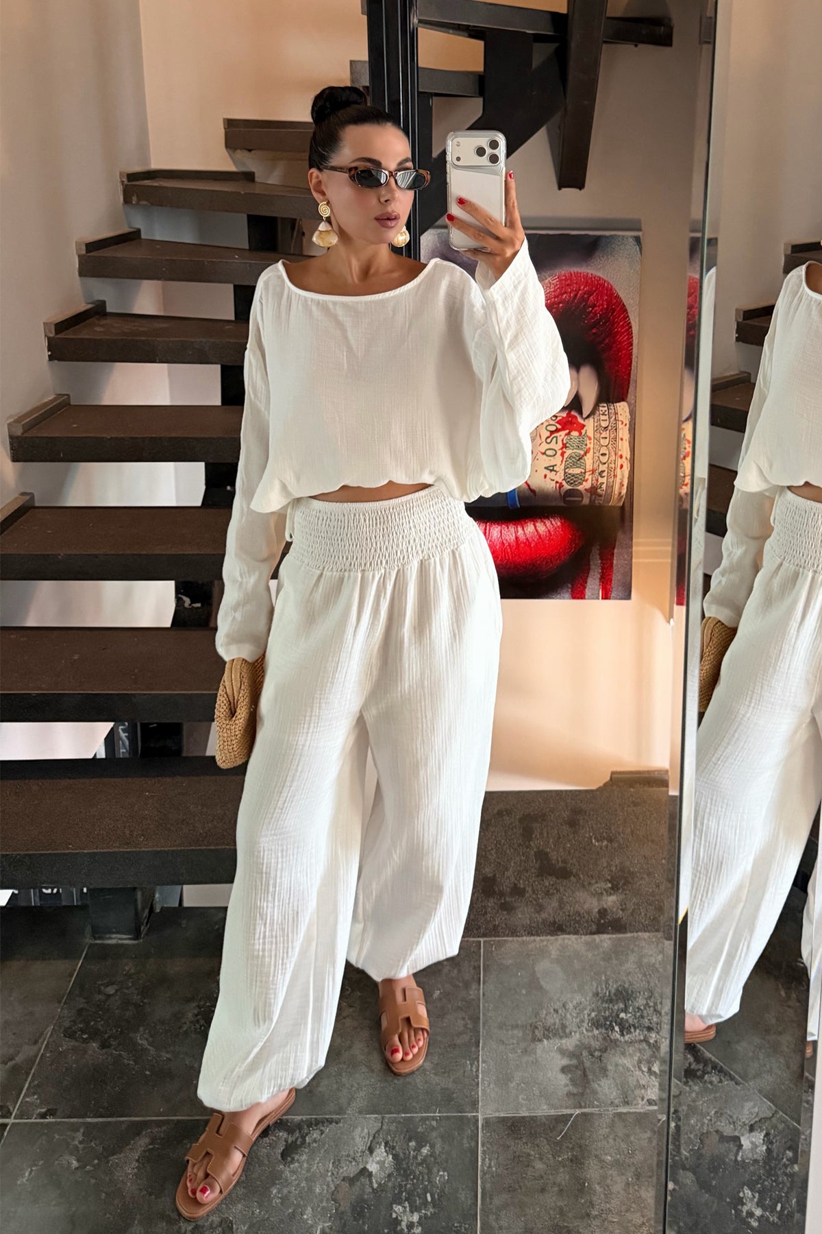 Ekru Gipeli Bel Pantolonlu Müslin Takım SY-3783-Ekru