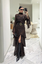 Zebra Desen Kahverengi Katlı Şifon Elbise SY-3612-Kahverengi