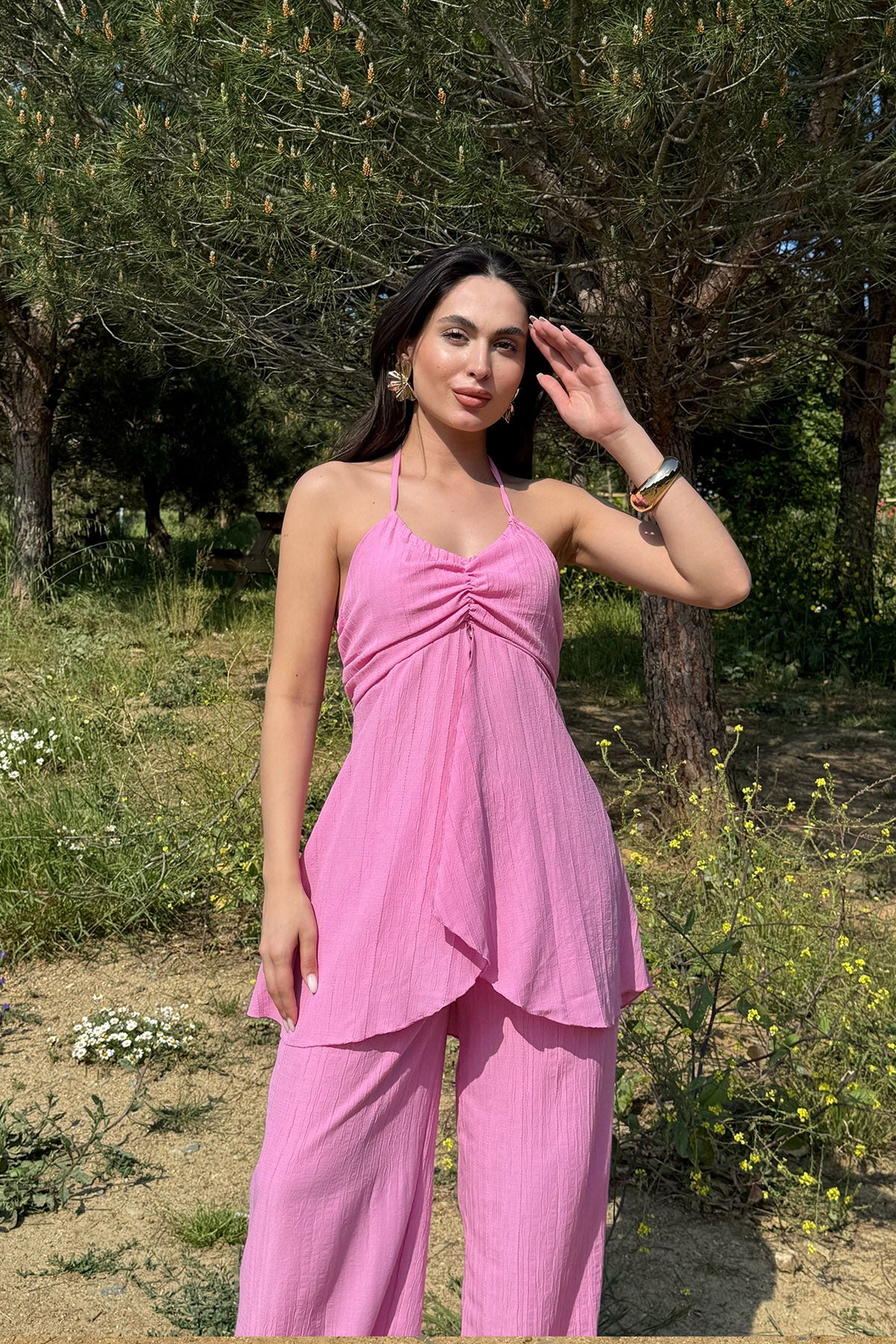 Pembe Volan Detaylı Bluz ve Pantolon Takım SY-3190-Pembe
