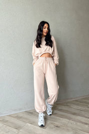 Bej Uzun Kollu Crop Eşofman Takımı SY-1154-Bej