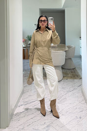 Camel Şal Detaylı Oversize Gömlek SY-3850-Camel