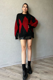 Siyah Baklava Desenli Yakalı Kazak SY-1302-Siyah