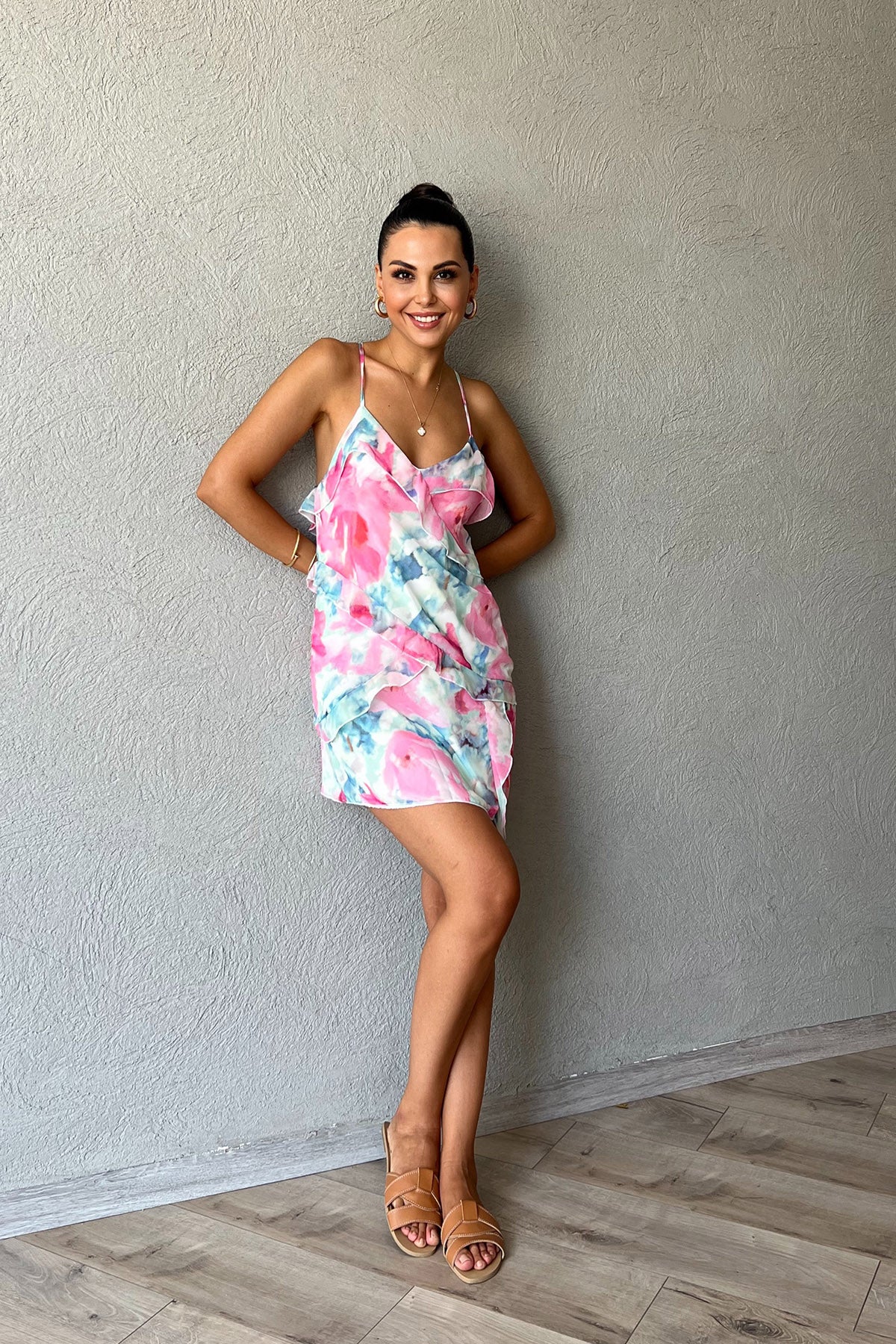 Pembe Çapraz Askılı  Fırfır Detaylı Mini Elbise SY-2331-Pembe