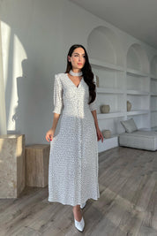 Ekru Puantiyeli Arka Bel ve Kol Ucu Gipeli Elbise SY-1727-Ekru