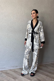 Ekru Garnili Kimono ve Beli Lastikli Pantolon Takım SY-0684-Ekru