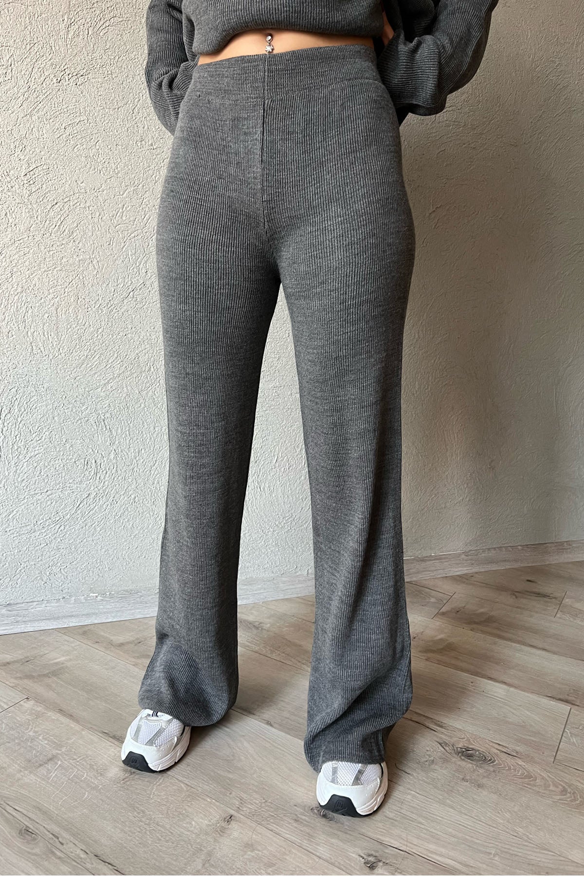 Antrasit Fermuarlı Fitilli Oversize Kazak ve Pantolon Takımı SY-1257-Antrasit