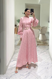 Murhpy Altın Tokalı Kemer Detaylı Jakarlı Elbise SY-2935-Pembe