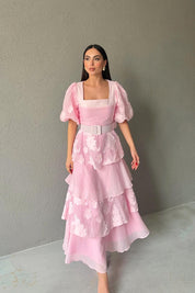 Pembe Tasarım Kat Detaylı Pinterest Lipari Elbise (Kemersiz) SY-3375-Pembe