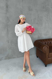 Ekru Brode Midi Boy Elbise SY-3049-Ekru