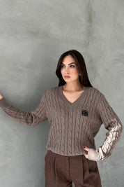 Vizon Logolu V Yaka Saç Örgü Triko Kazak SY-2706-Vizon