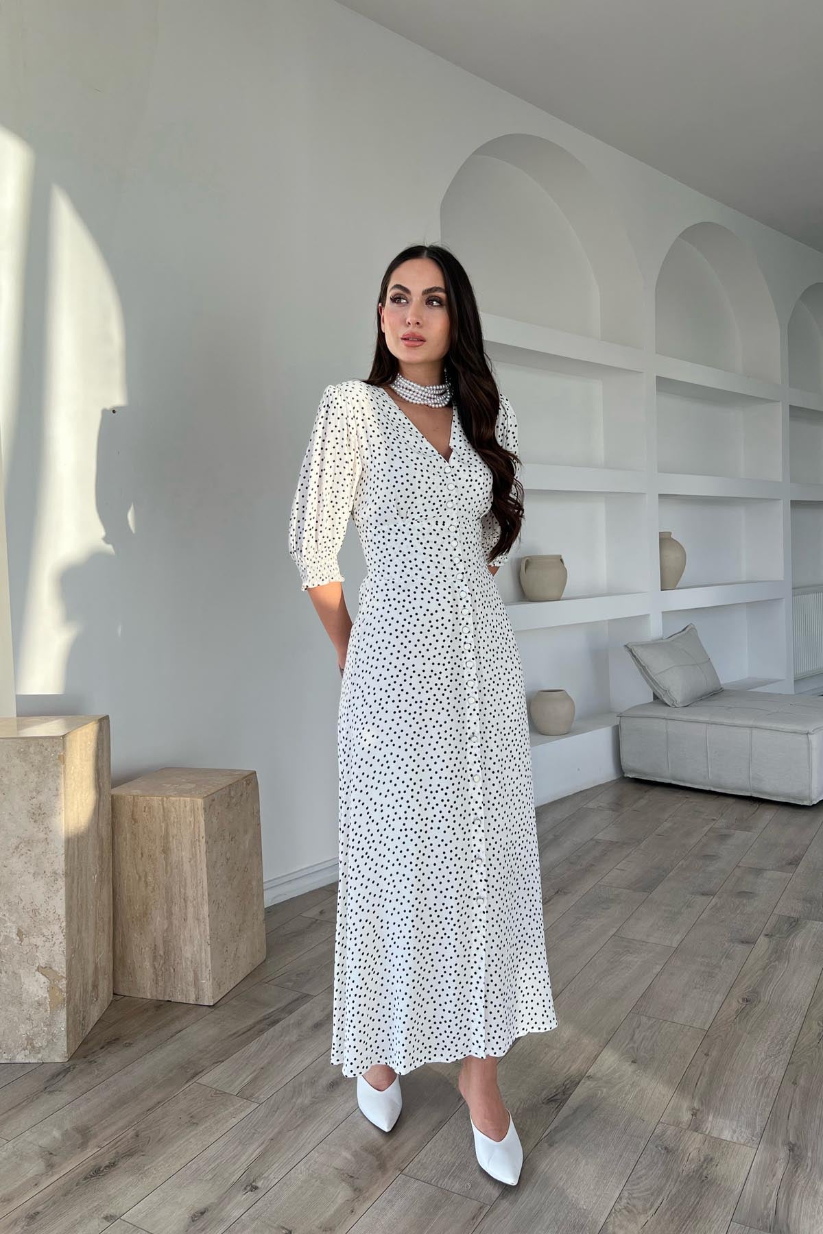 Ekru Puantiyeli Arka Bel ve Kol Ucu Gipeli Elbise SY-1727-Ekru