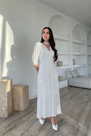 Ekru Puantiyeli Arka Bel ve Kol Ucu Gipeli Elbise SY-1727-Ekru