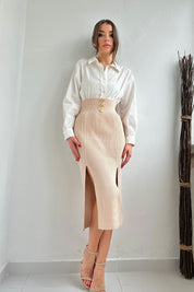 Bej Fitilli Düğme Detay İki Yandan Yırtmaçlı Triko Etek SY-0076-Bej