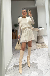 Ekru Güpürli Midi Tasarım Elbise SY-3489-Ekru