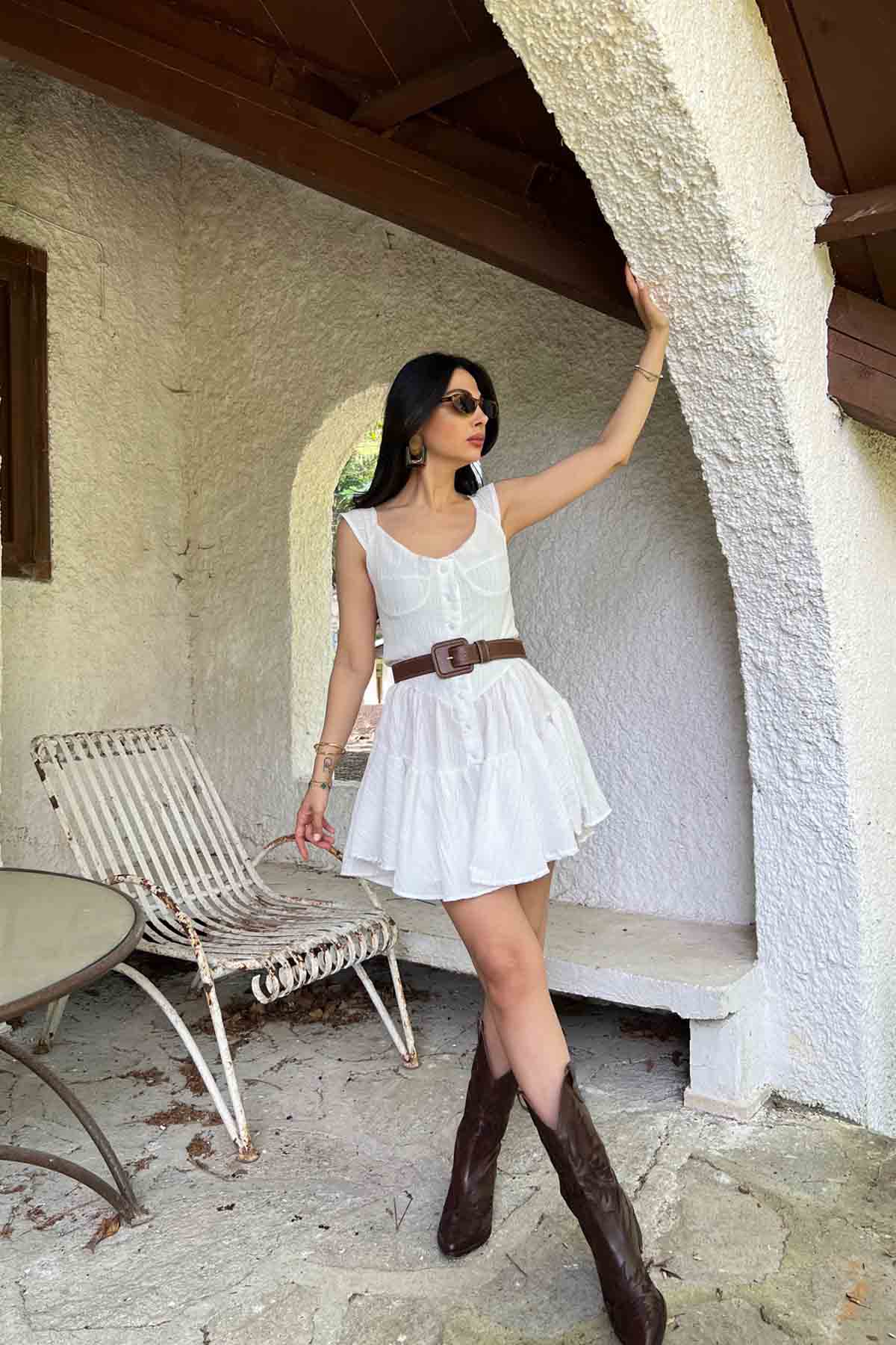 Ekru Düğme Detaylı Tulum Elbise SY-1929-Ekru