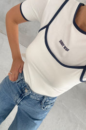 Ekru Atlet Detaylı Yan Büzgülü Bisiklet Yaka T-shirt SY-3317-Ekru