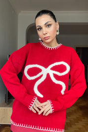 Kırmızı Önü Fiyonk Detaylı  Triko Kazak SY-2842-Kırmızı